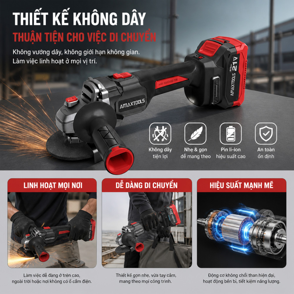 Máy mài góc dùng pin 21V Amaxtools AM100-SM - Hàng chính hãng