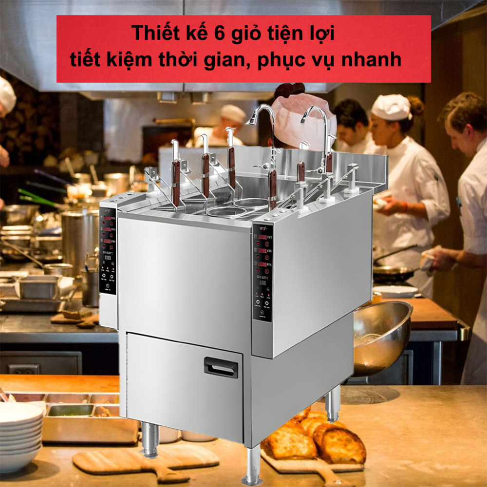 Máy nấu mì công nghiệp 6 giỏ H&C CM-Z6 9000W nấu được cùng lúc 6 giỏ