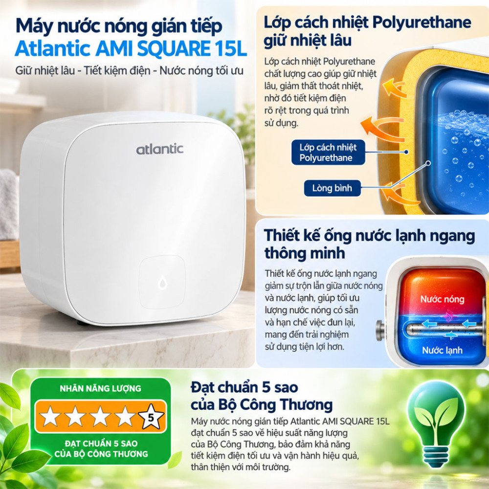 Máy nước nóng gián tiếp Atlantic AMI SQUARE 15L - Hàng chính hãng