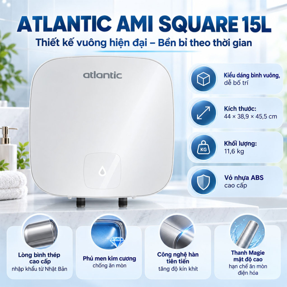 Máy nước nóng gián tiếp Atlantic AMI SQUARE 30L - Hàng chính hãng