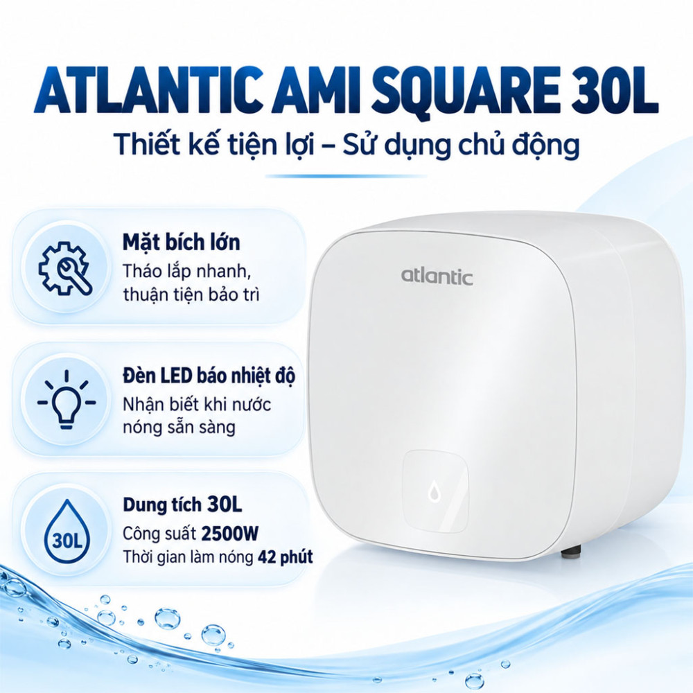 Máy nước nóng gián tiếp Atlantic AMI SQUARE 30L - Hàng chính hãng