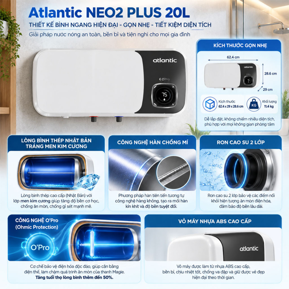 Máy nước nóng gián tiếp Atlantic NEO2 PLUS 20L - Hàng chính hãng