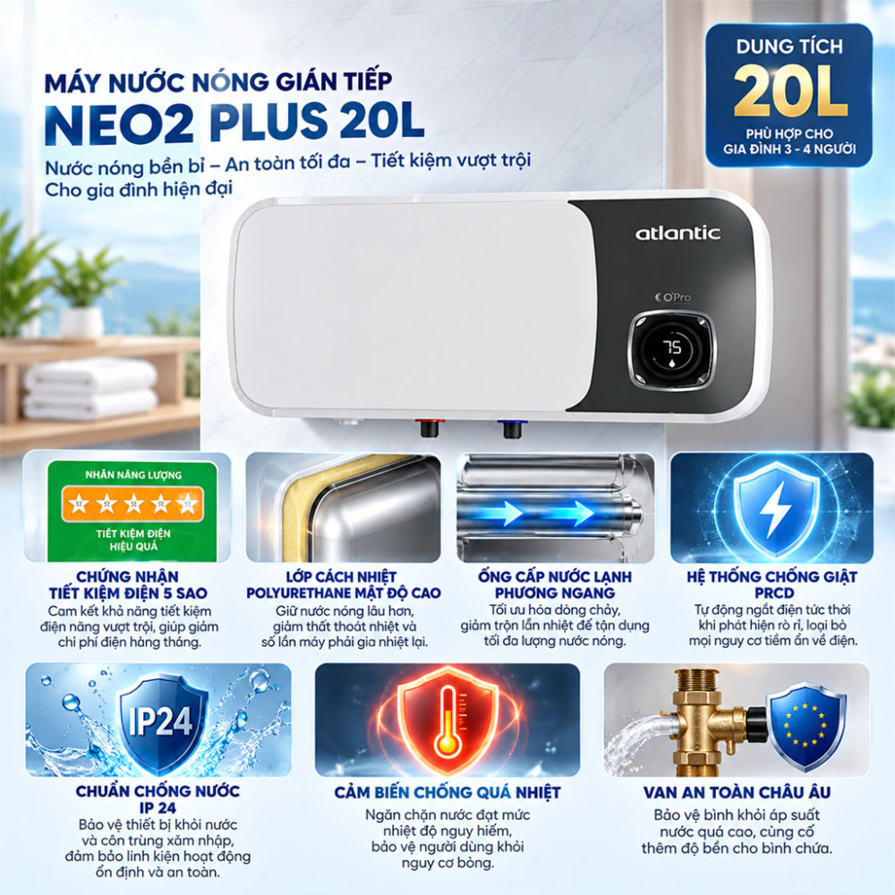 Máy nước nóng gián tiếp Atlantic NEO2 PLUS 20L - Hàng chính hãng