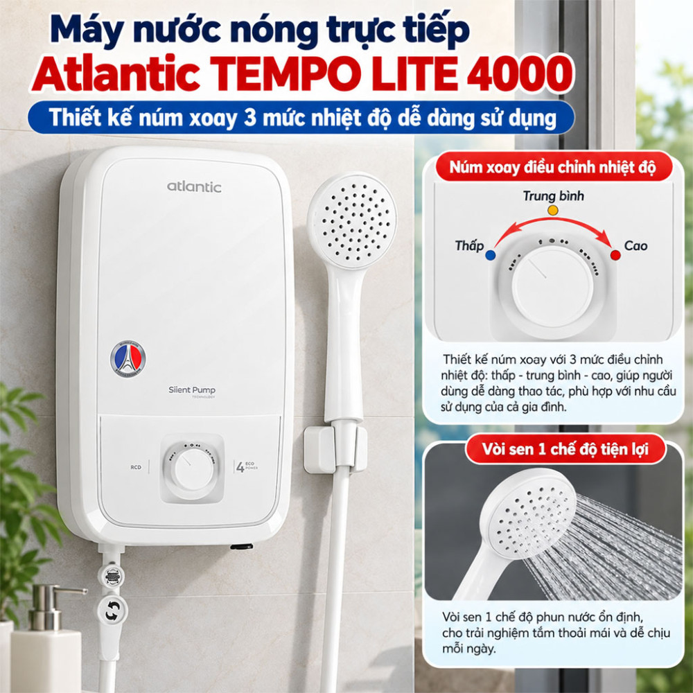 Máy nước nóng trực tiếp Atlantic TEMPO LITE 4000 - Hàng chính hãng