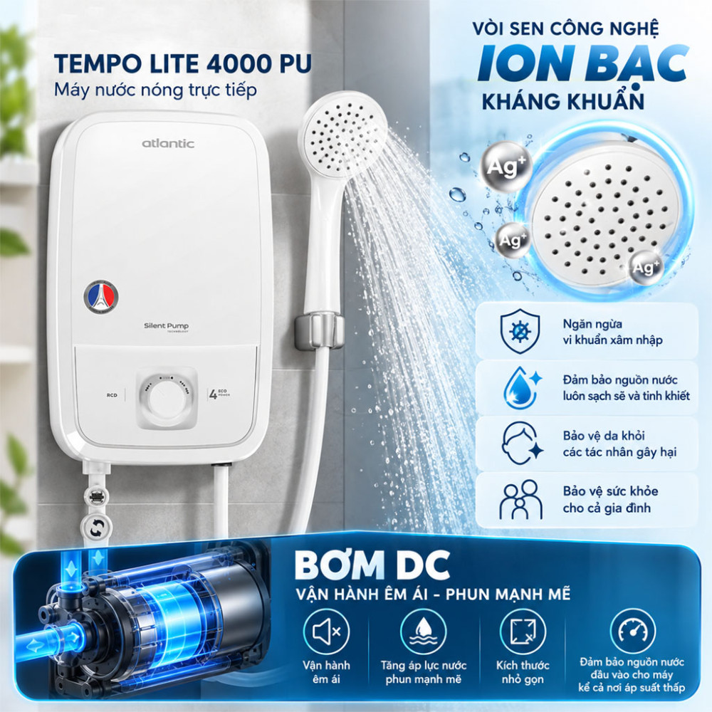 Máy nước nóng trực tiếp Atlantic TEMPO LITE 4000 PU - Hàng chính hãng