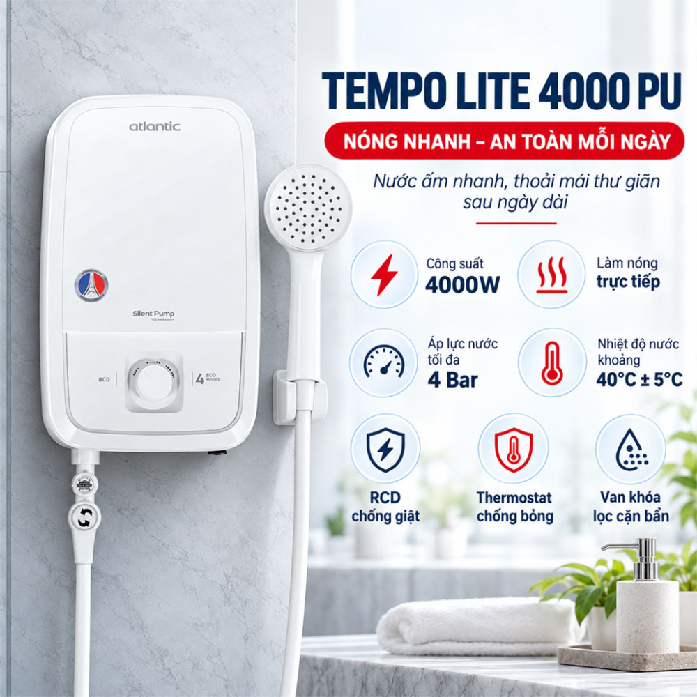 Máy nước nóng trực tiếp Atlantic TEMPO LITE 4000 PU - Hàng chính hãng