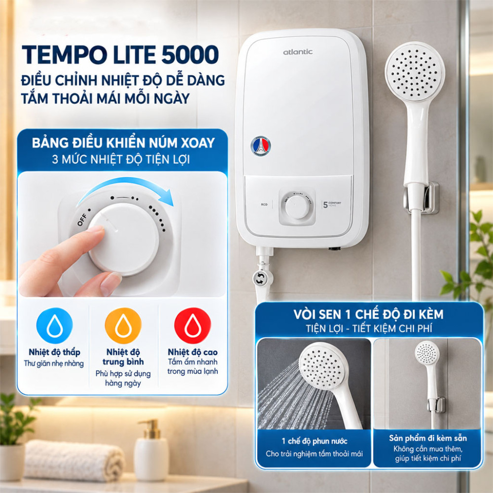 Máy nước nóng trực tiếp Atlantic TEMPO LITE 5000 - Hàng chính hãng
