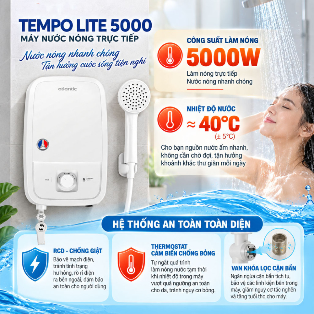 Máy nước nóng trực tiếp Atlantic TEMPO LITE 5000 - Hàng chính hãng