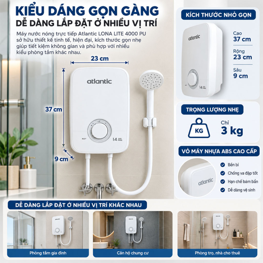 Máy nước nóng trực tiếp Atlantic LONA LITE 4000 PU - Hàng chính hãng