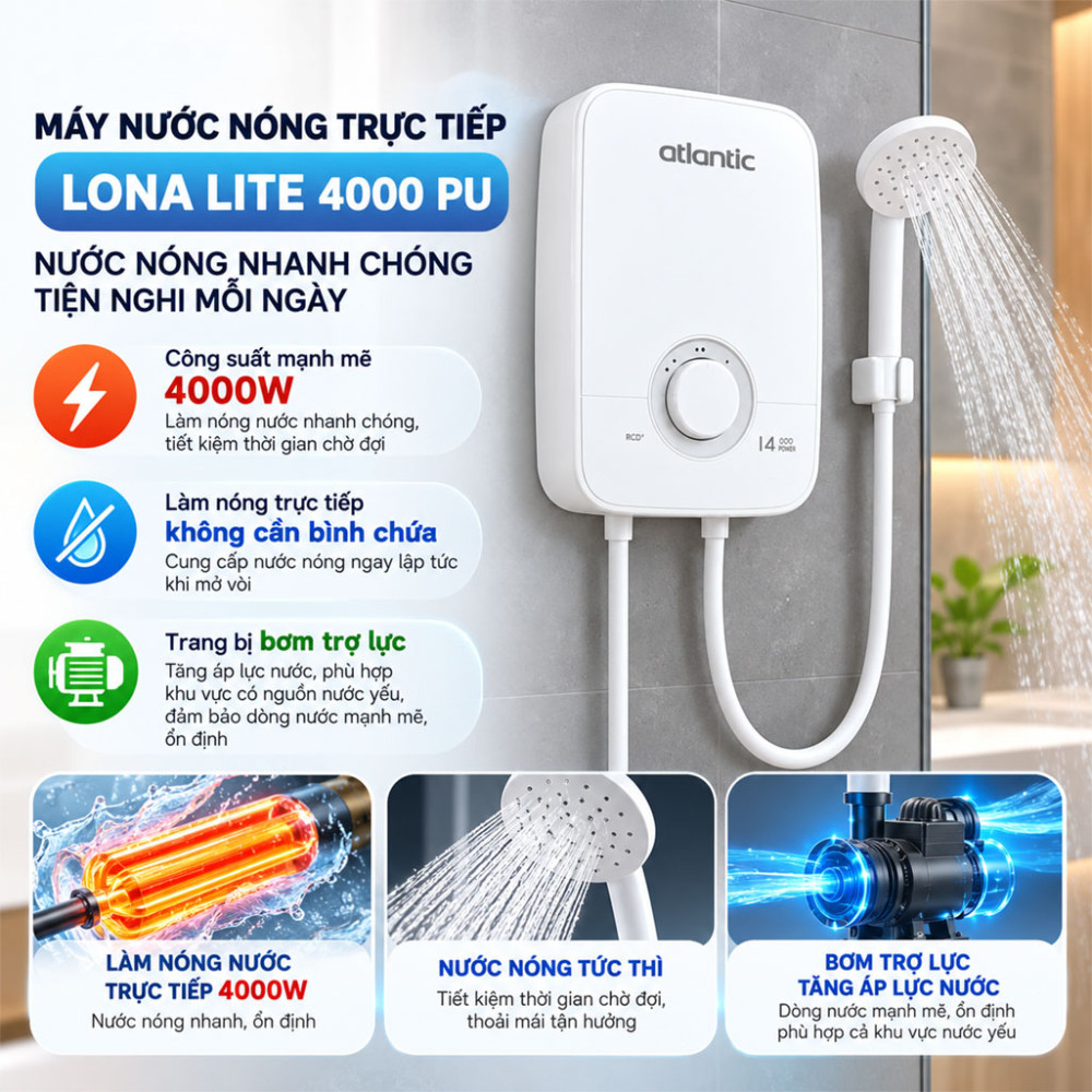 Máy nước nóng trực tiếp Atlantic LONA LITE 4000 PU - Hàng chính hãng