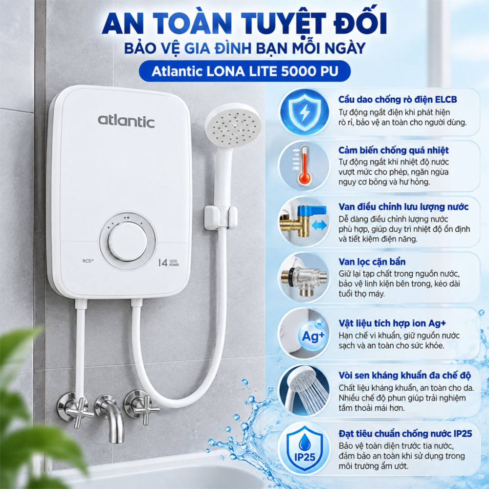 Máy nước nóng trực tiếp Atlantic LONA LITE 5000 PU - Hàng chính hãng