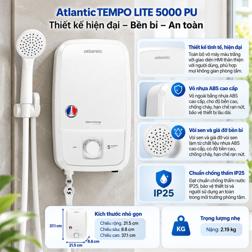 Máy nước nóng trực tiếp Atlantic TEMPO LITE 5000 PU - Hàng chính hãng