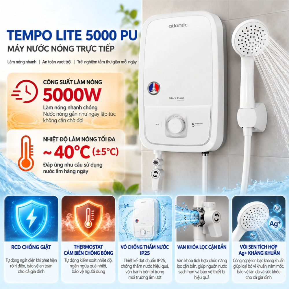 Máy nước nóng trực tiếp Atlantic TEMPO LITE 5000 PU - Hàng chính hãng