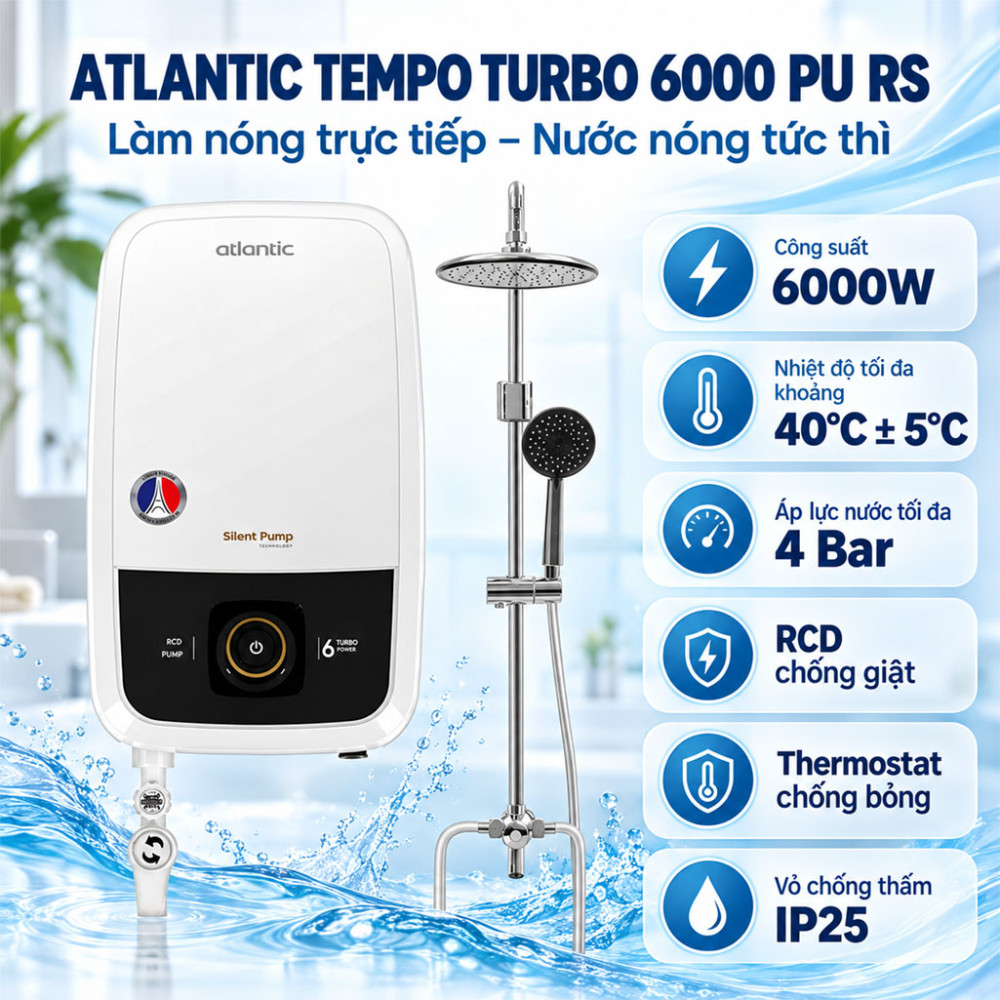 Máy nước nóng trực tiếp Atlantic TEMPO TURBO 6000 PU RS - Hàng chính hãng