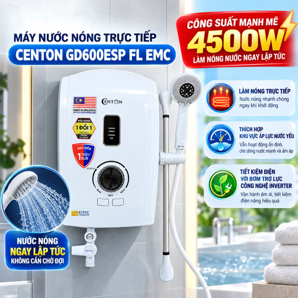 Máy nước nóng trực tiếp Centon 4500W GD600ESP FL EMC - Hàng chính hãng