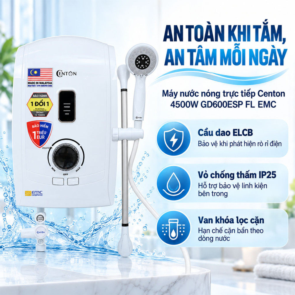 Máy nước nóng trực tiếp Centon 4500W GD600ESP FL EMC - Hàng chính hãng