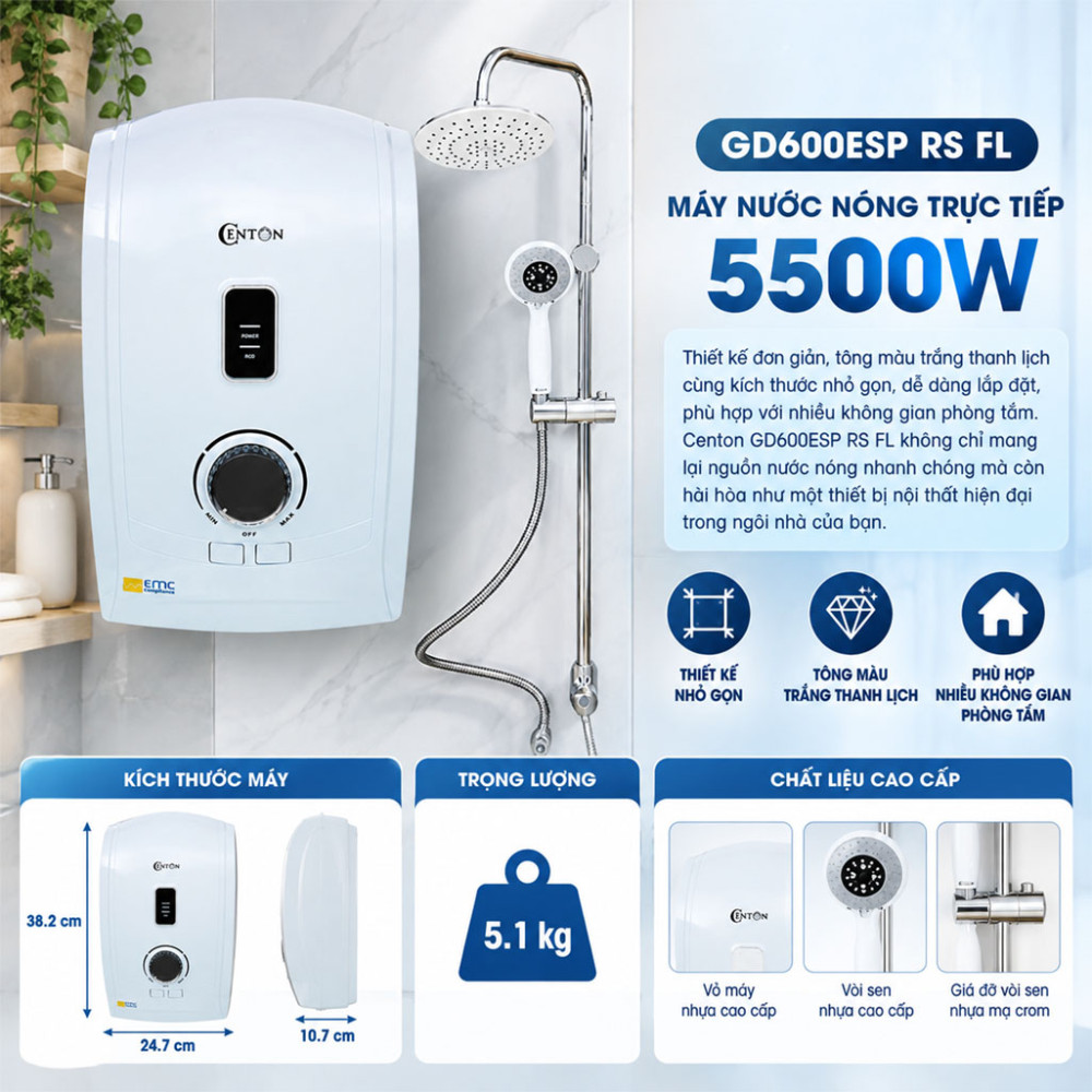 Máy nước nóng trực tiếp Centon 5500W GD600ESP RS FL - Hàng chính hãng