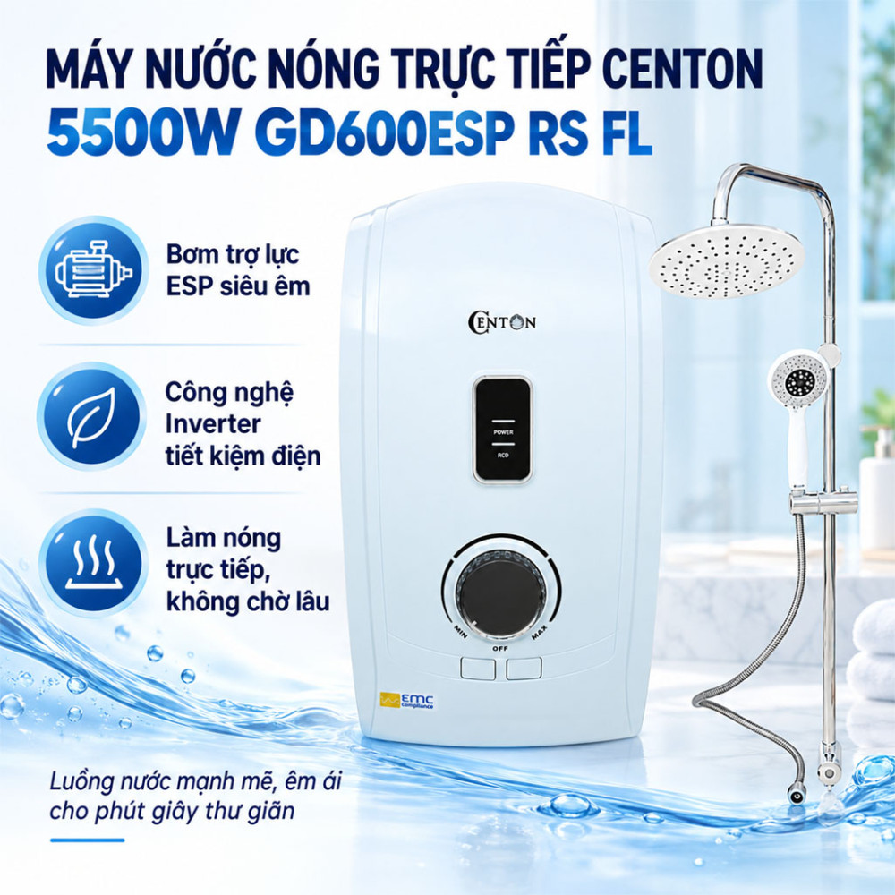 Máy nước nóng trực tiếp Centon 5500W GD600ESP RS FL - Hàng chính hãng