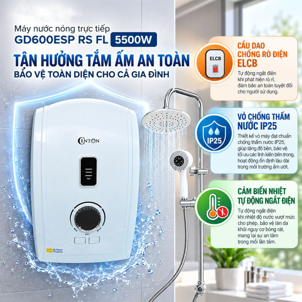 Máy nước nóng trực tiếp Centon 5500W GD600ESP RS FL - Hàng chính hãng