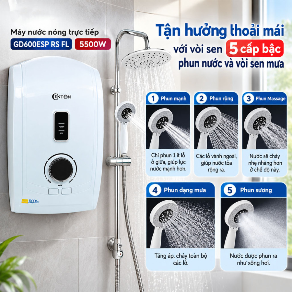 Máy nước nóng trực tiếp Centon 5500W GD600ESP RS FL - Hàng chính hãng