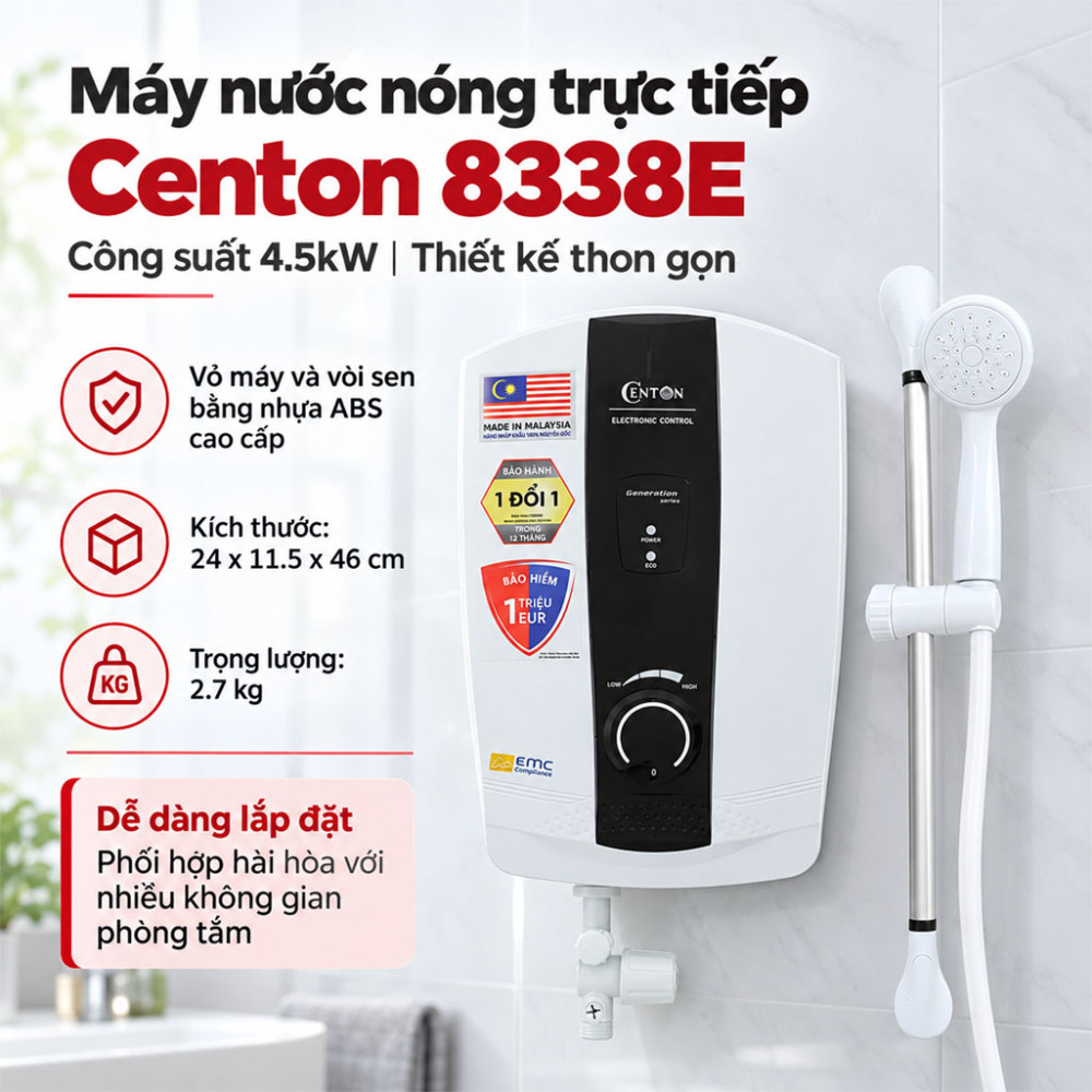Máy nước nóng trực tiếp Centon 8338E 4.5kW - Hàng chính hãng
