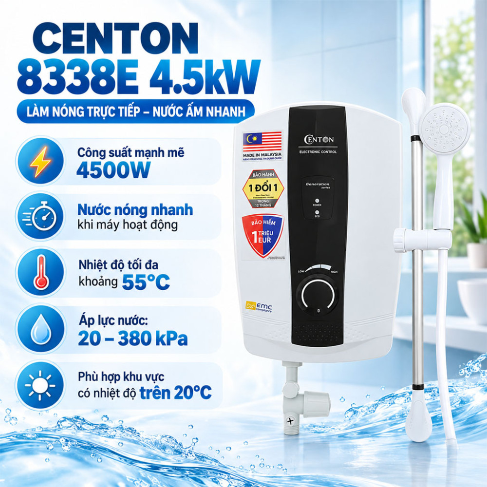 Máy nước nóng trực tiếp Centon 8338E 4.5kW - Hàng chính hãng