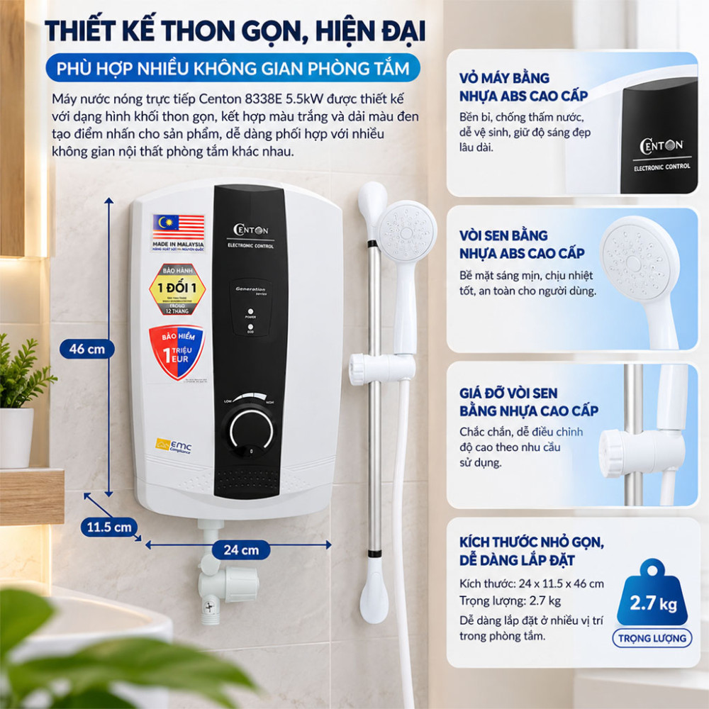Máy nước nóng trực tiếp Centon 8338E 5.5kW - Hàng chính hãng
