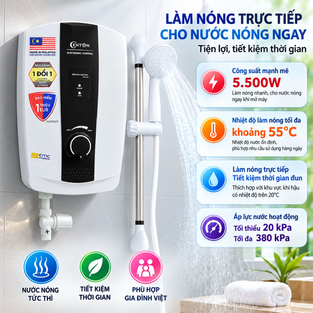 Máy nước nóng trực tiếp Centon 8338E 5.5kW - Hàng chính hãng