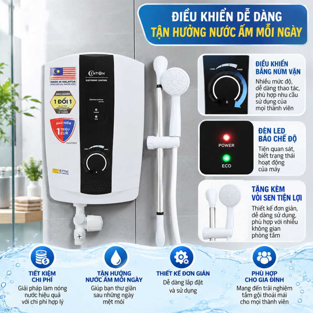 Máy nước nóng trực tiếp Centon 8338E 5.5kW - Hàng chính hãng