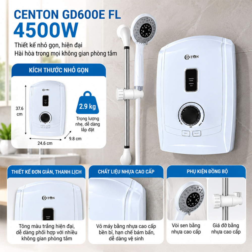 Máy nước nóng trực tiếp Centon GD600E FL 4500W - Hàng chính hãng