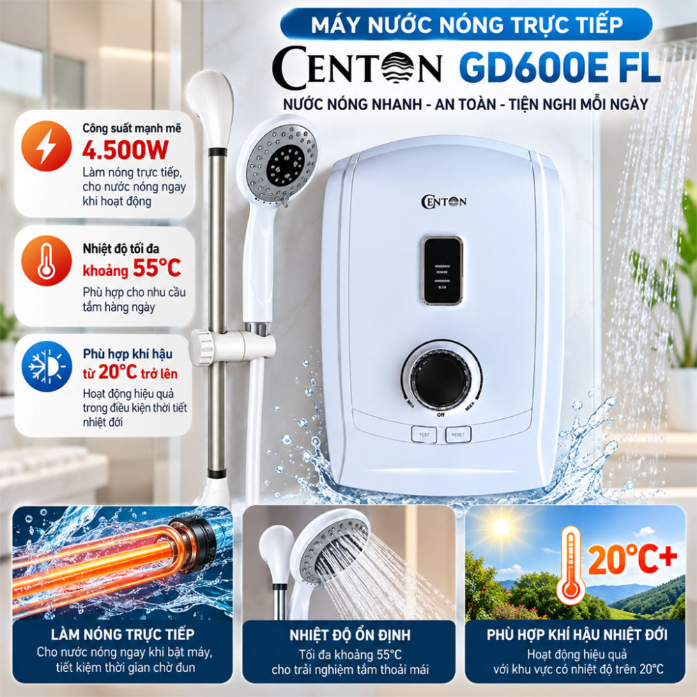 Máy nước nóng trực tiếp Centon GD600E FL 4500W - Hàng chính hãng