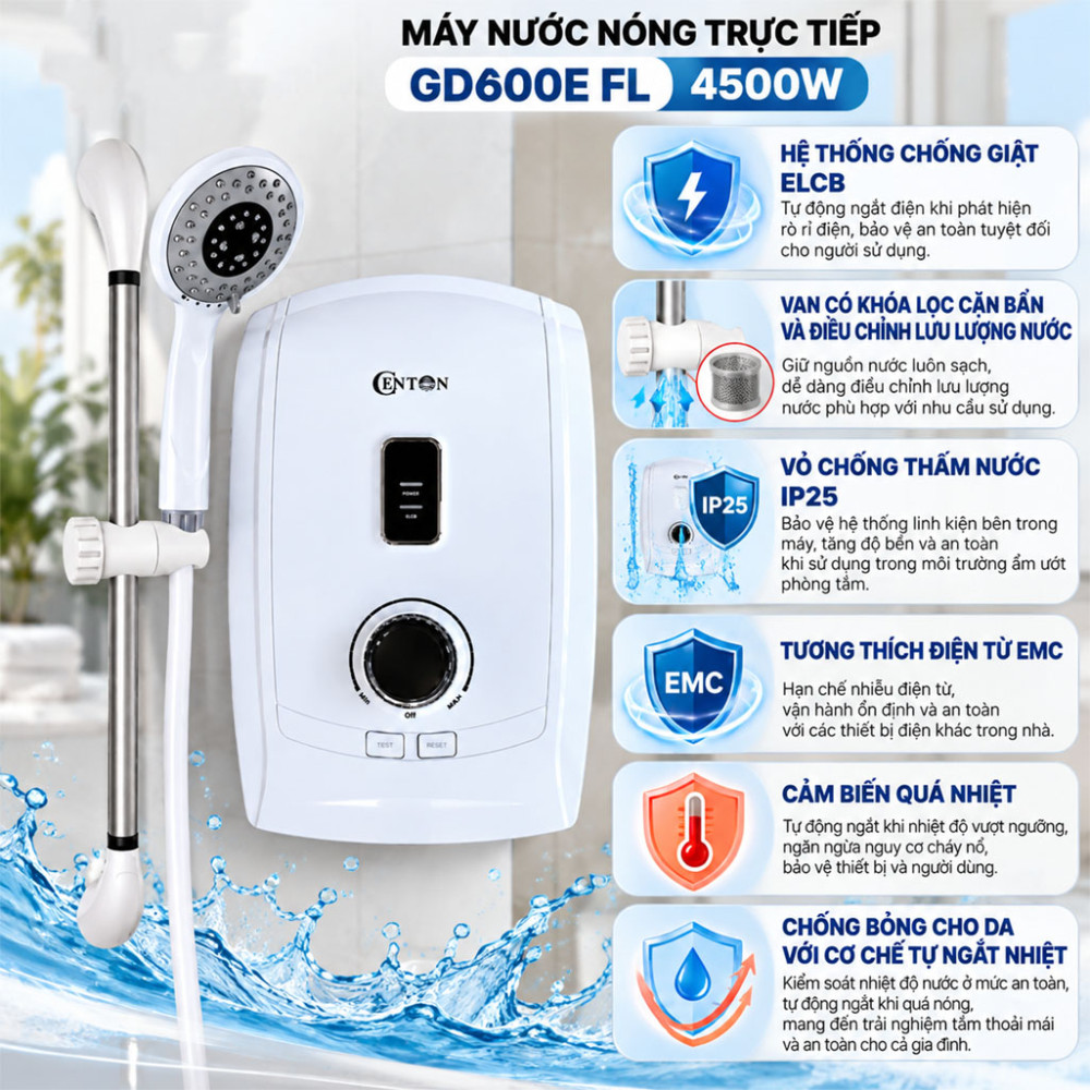 Máy nước nóng trực tiếp Centon GD600E FL 4500W - Hàng chính hãng