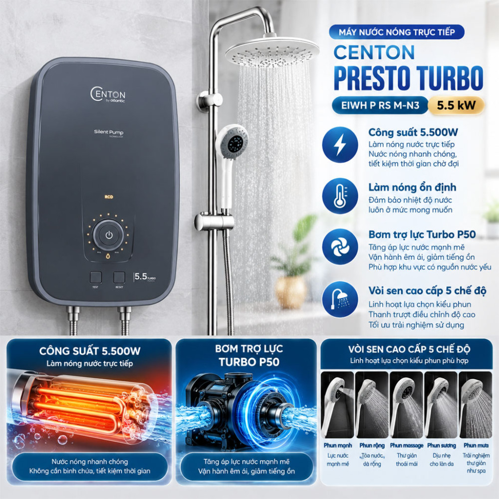 Máy nước nóng trực tiếp Centon Presto Turbo EIWH P RS M-N3 5.5kW - Hàng chính hãng