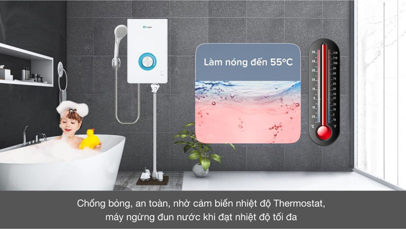 Công nghệ Thermostat tự ngắt nhiệt khi nước đạt nhiệt độ tối đa, hạn chế bỏng rát