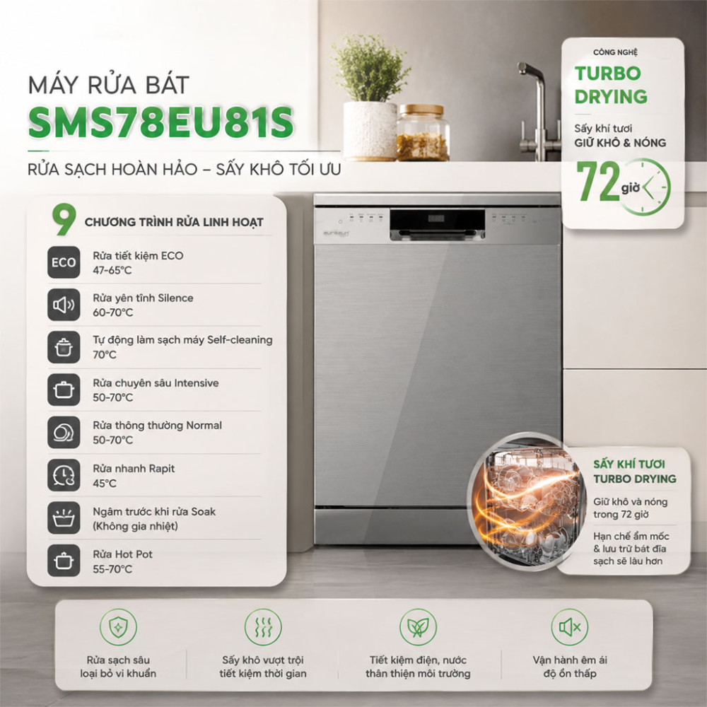 Máy rửa bát Eurosun SMS78EU81S - Hàng chính hãng