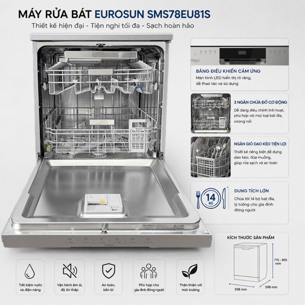 Máy rửa bát Eurosun SMS78EU81S - Hàng chính hãng