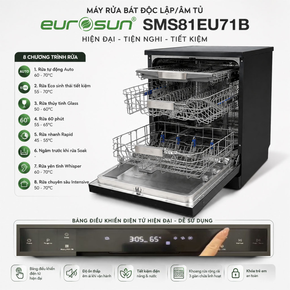 Máy rửa bát Eurosun SMS81EU71B - Hàng chính hãng