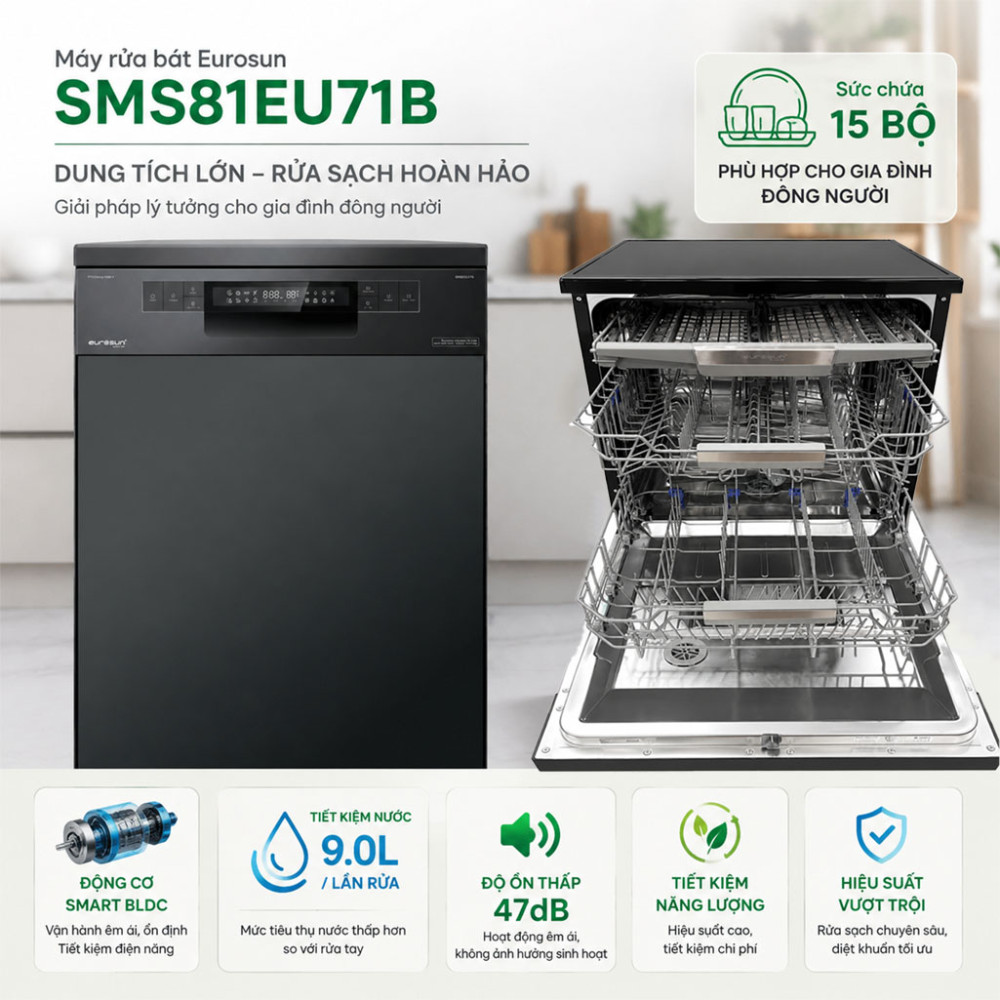 Máy rửa bát Eurosun SMS81EU71B - Hàng chính hãng