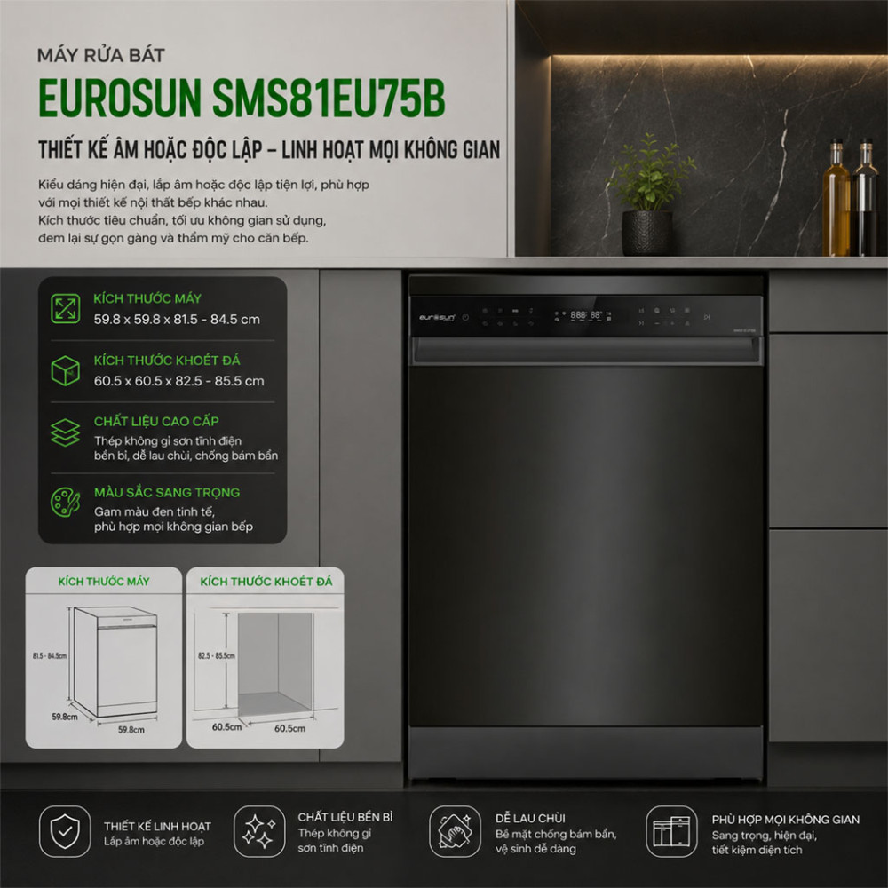 Máy rửa bát Eurosun SMS81EU75B - Hàng chính hãng