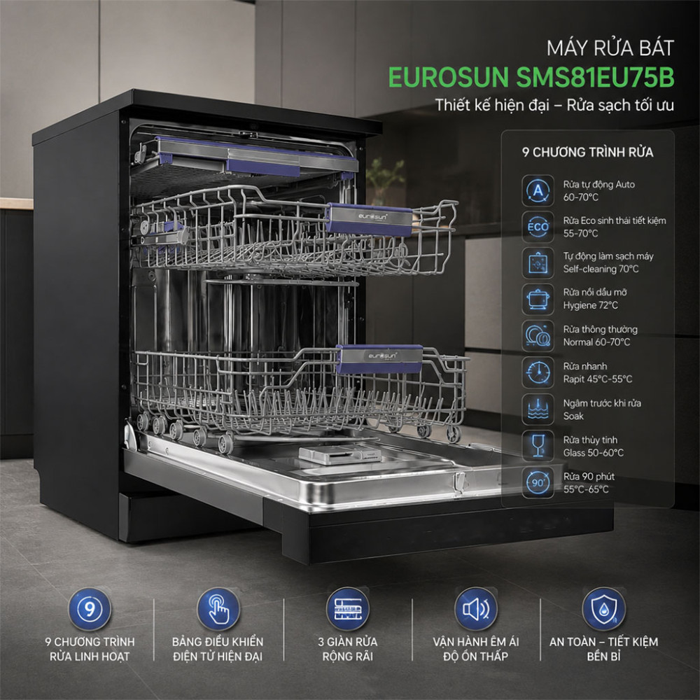 Máy rửa bát Eurosun SMS81EU75B - Hàng chính hãng