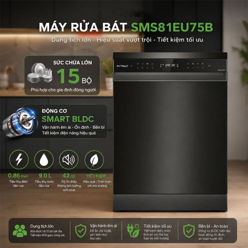Máy rửa bát Eurosun SMS81EU75B - Hàng chính hãng