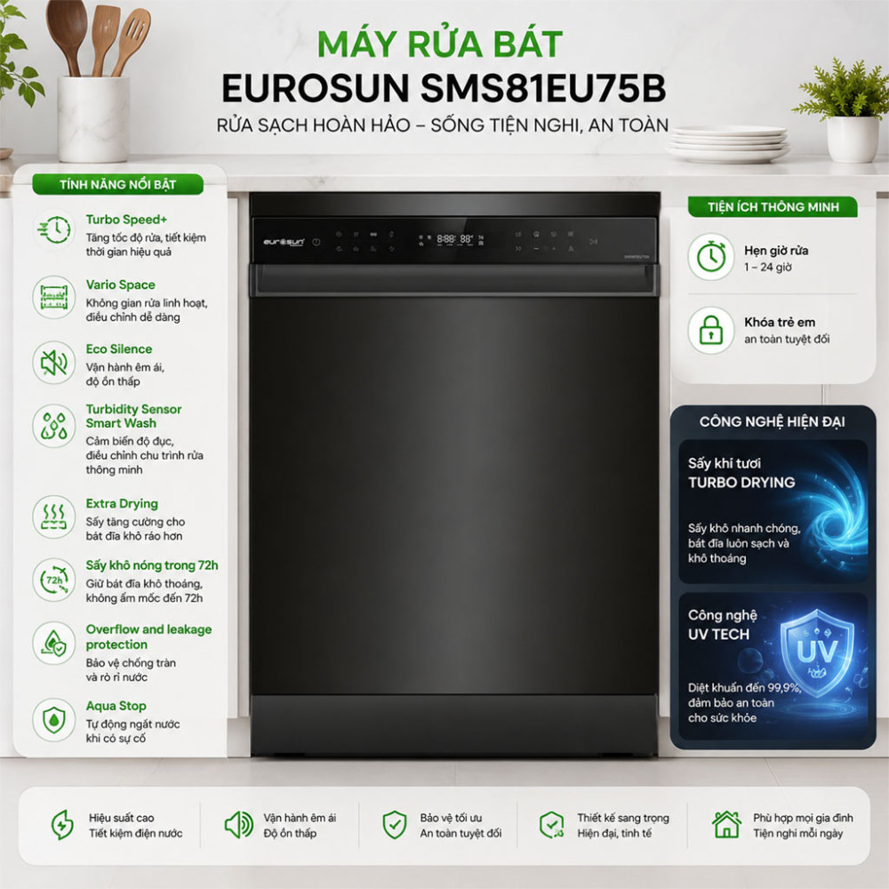 Máy rửa bát Eurosun SMS81EU75B - Hàng chính hãng