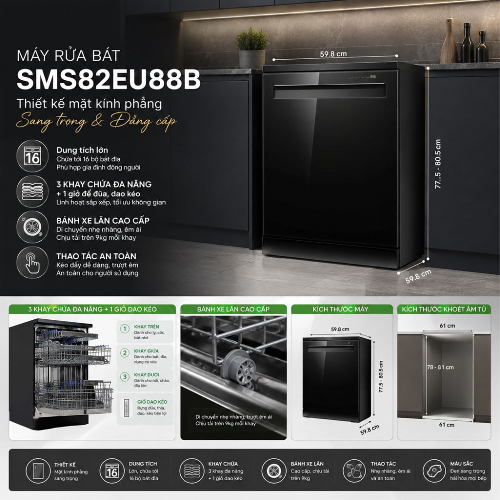 Máy rửa bát Eurosun SMS82EU88B - Hàng chính hãng