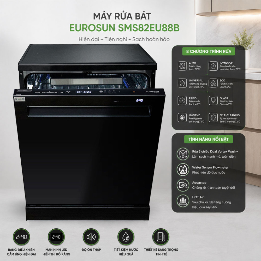Máy rửa bát Eurosun SMS82EU88B - Hàng chính hãng