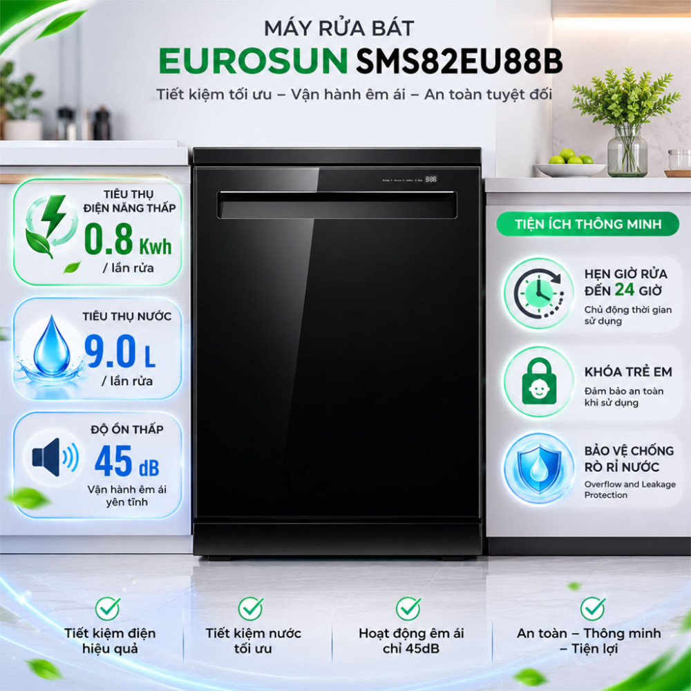 Máy rửa bát Eurosun SMS82EU88B - Hàng chính hãng