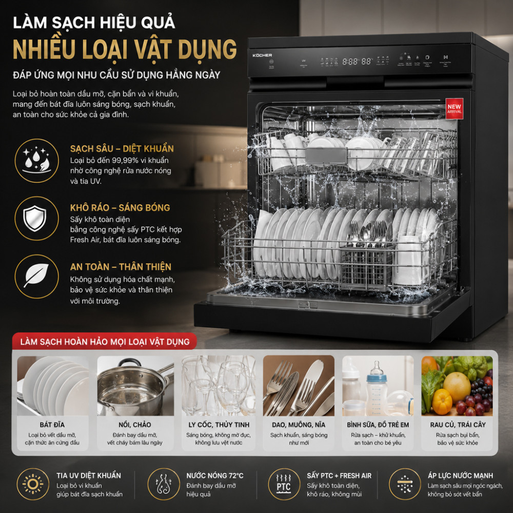 Máy rửa bát Kocher KDEU-X16B - Hàng chính hãng