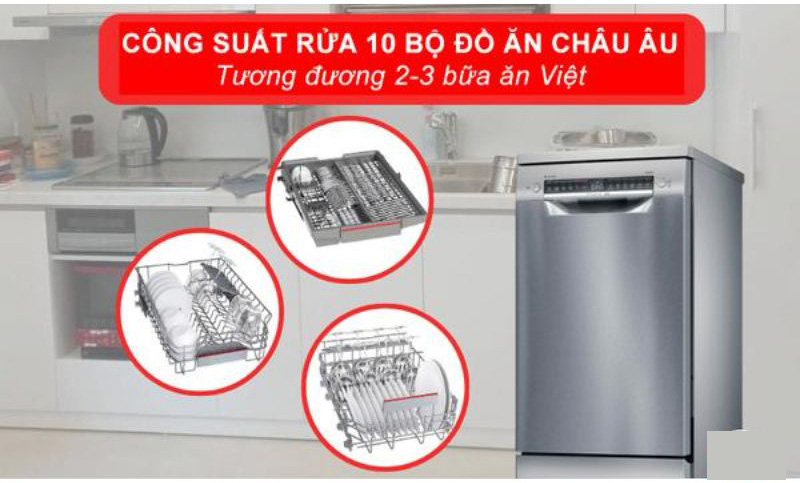 Máy có dung tích chứa lên tới 10 bộ bát đĩa châu Âu