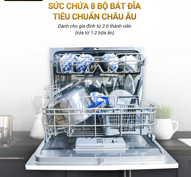 Máy có khả năng rửa được 8 bộ bát đĩa Châu Âu