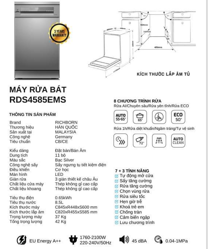 Thông số kỹ thuật của máy rửa bát Richborn RDS4585EMS