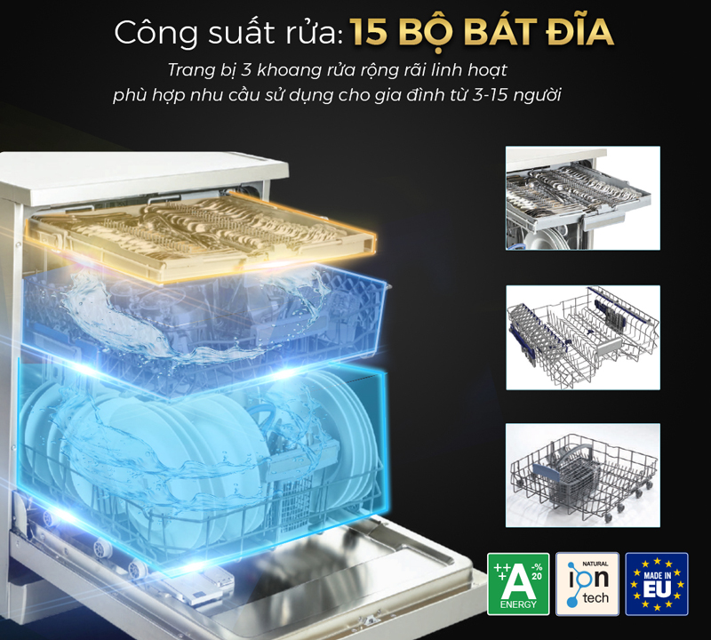 Dung tích chứa lên tới 15 bộ bát đĩa châu Âu